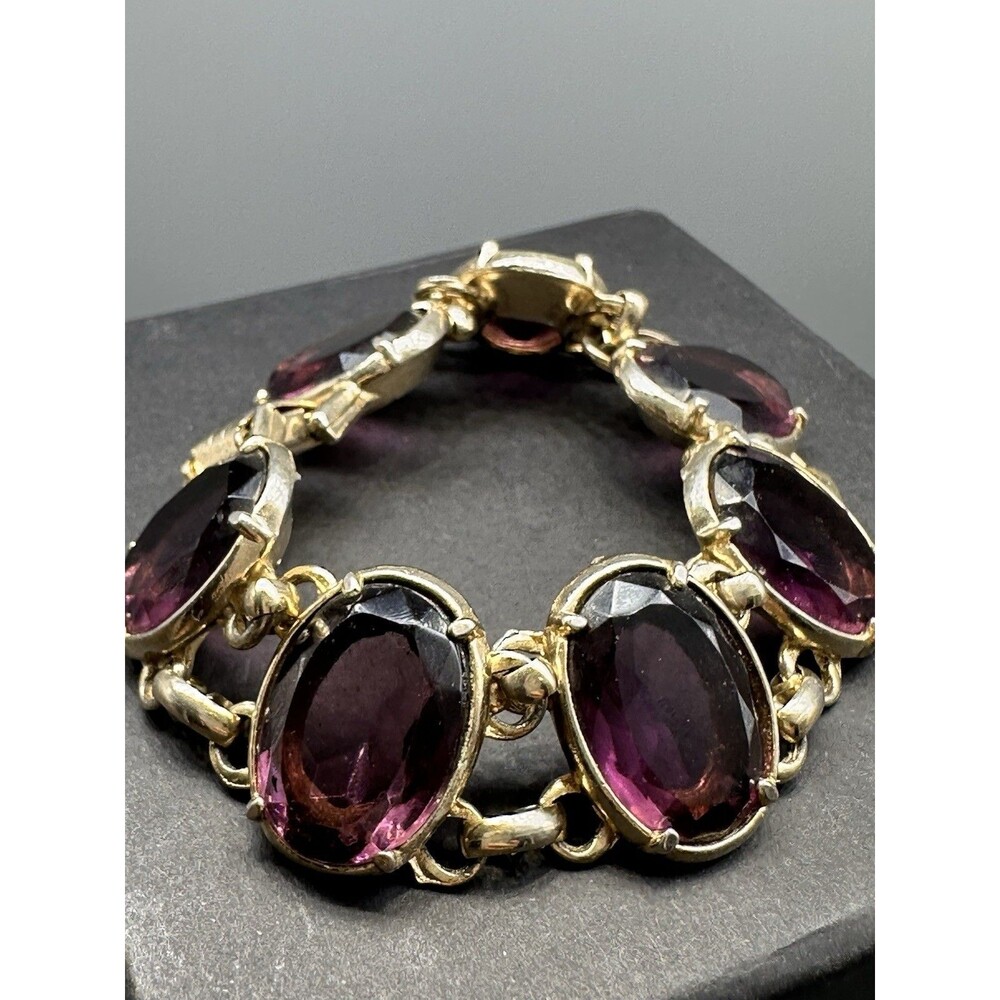 Vintage Gold Tone & Purple Faceted Glass Bracelet 7”
